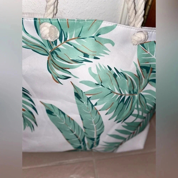 - DONDON LARGE CANVAS GREEN PALM PRINT ZIP BEACH BACH TOTE WITH ROPE HANDLES - Picture 3 of 7